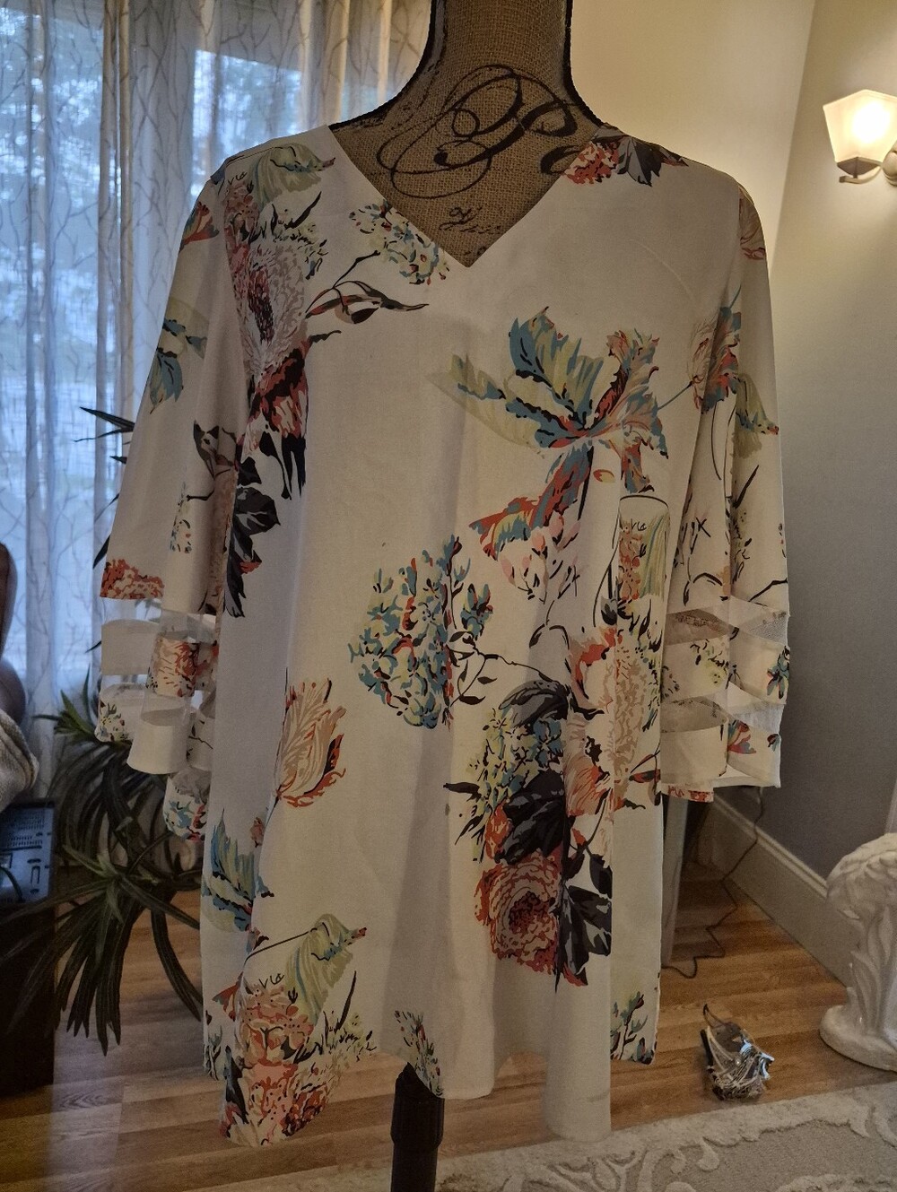 Floral V-Neck Women’s Top - Cream with Multicolor Print
